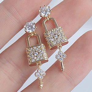 New 14K Gold Plated Diamond Lock Key Crystal Earrings